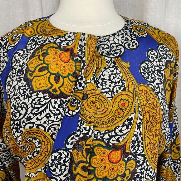 Vintage Blouse Size 6 Gold Purple Paisley Art Print Secretary Button Boho 90s - Picture 2 of 13